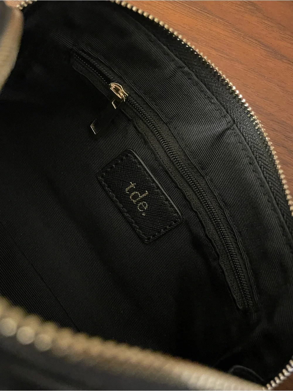 tde. Black Saffiano Cosmetic Zip Pouch with Gold Initials